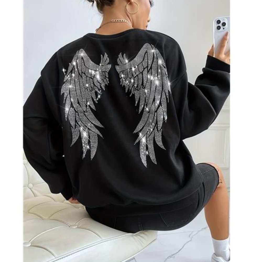 Rhinestone sweater Angel Wings Sweatshirt, Long Sleeve Crew Neck sweater shiny - Picture 2 of 12